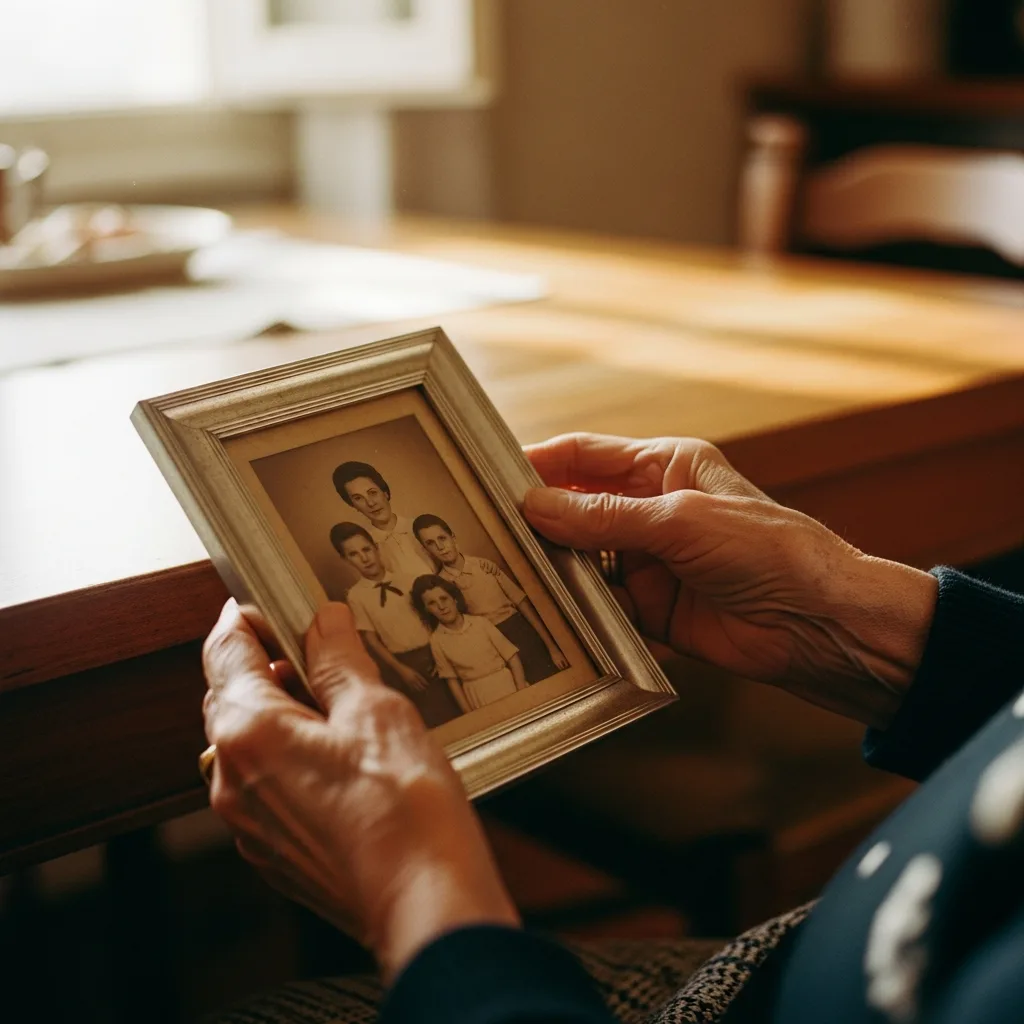 Mani anziane custodiscono una fotografia di famiglia incorniciata